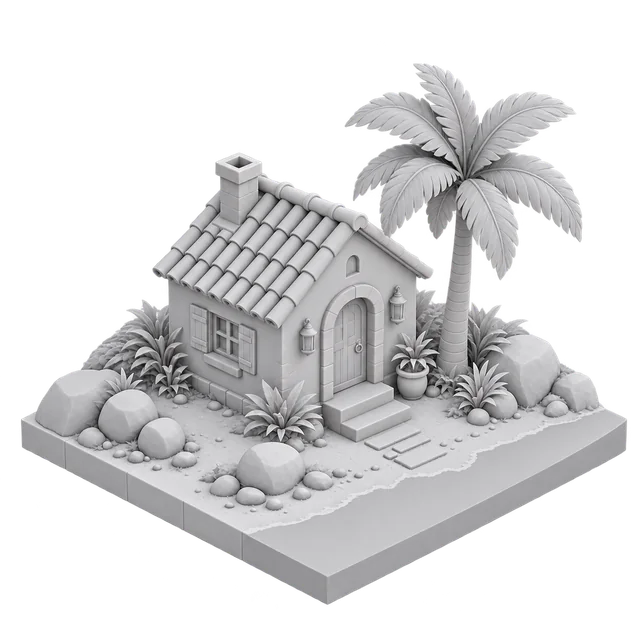 The same cottage as an untextured clay model.