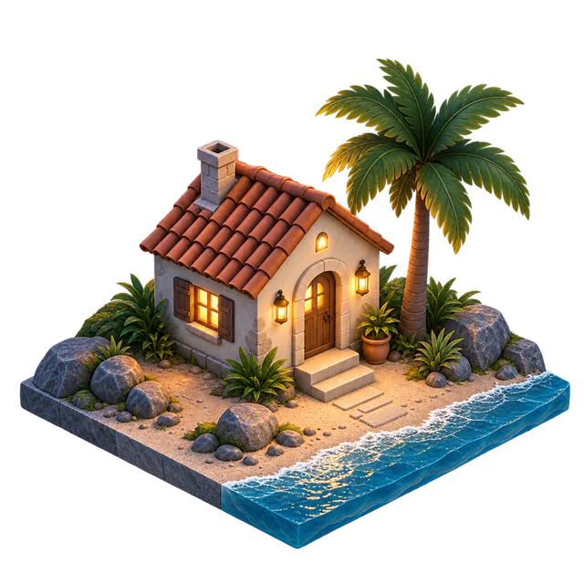 The finished cottage with materials, lighting and interactive points.