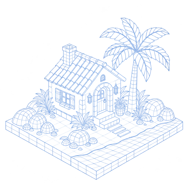 Wireframe concept of a coastal cottage.