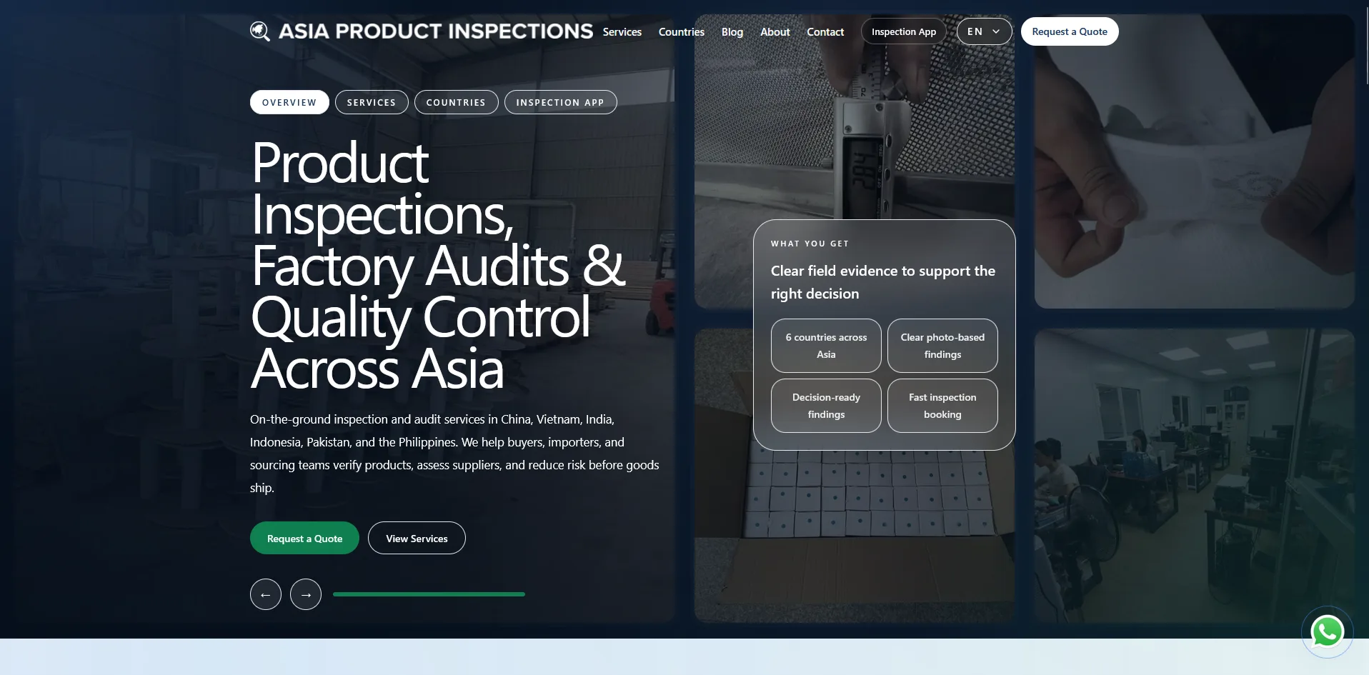 Vista desktop del sitio Asia Product Inspections
