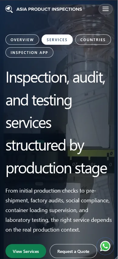 Vista mobile del sitio Asia Product Inspections