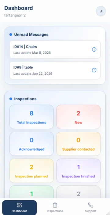 Asia Product Inspections dashboard on mobile