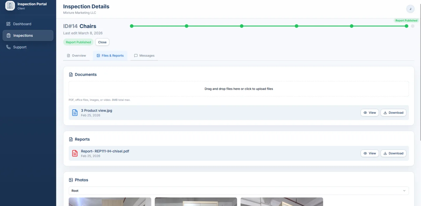 Asia Product Inspections inspection details with files and reports on desktop
