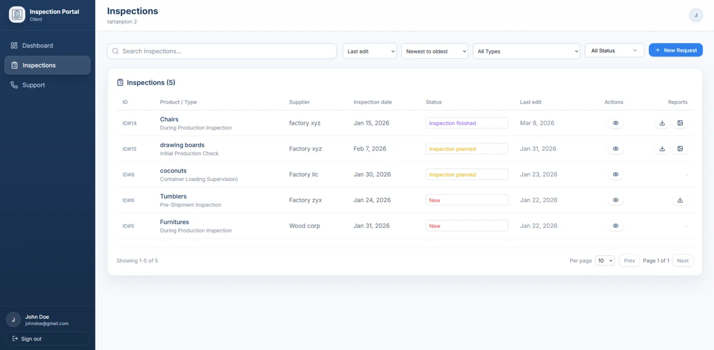 Asia Product Inspections inspection list and filters on desktop