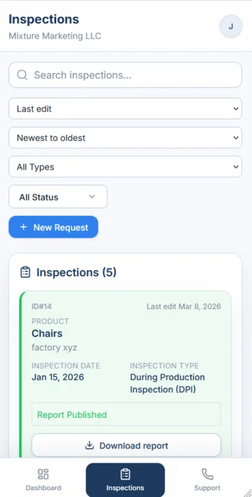 Asia Product Inspections inspection list on mobile