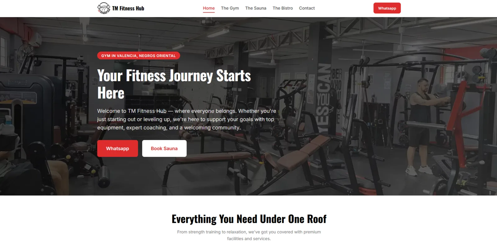 TM Fitness Hub desktop homepage showing the gym website hero